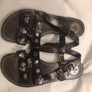 Gently worn Tory Burch gunmetal leather sandals